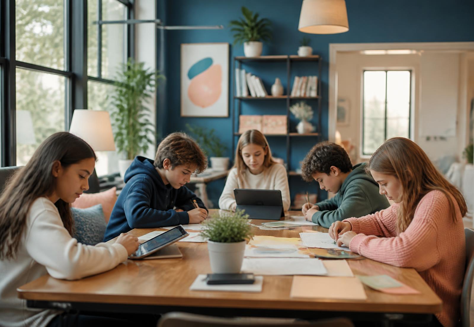 Five children aged eight to fourteen working on projects together at a table in a small, light-filled microschool classroom