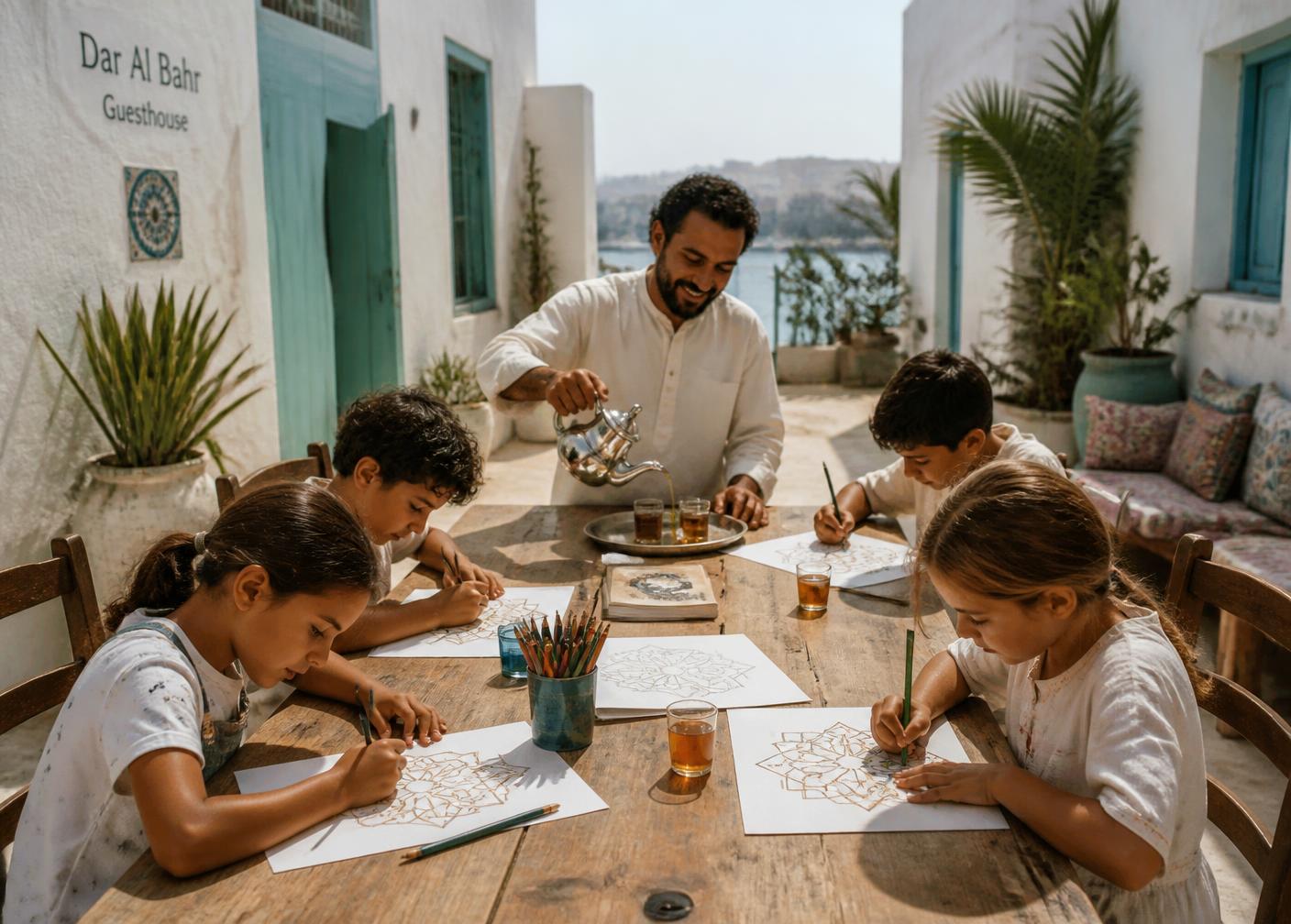 Children drawing geometric patterns at a long table in a sunlit coastal guesthouse courtyard