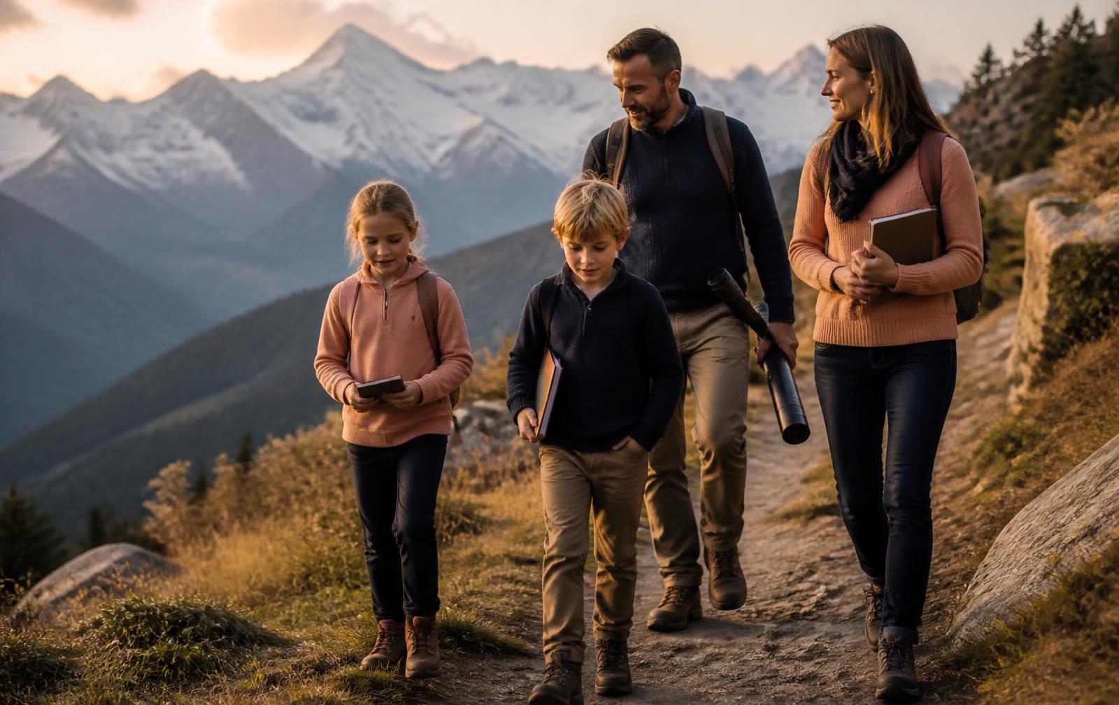 A family walking a mountain trail with notebooks on their way to a Neuranova learning hub