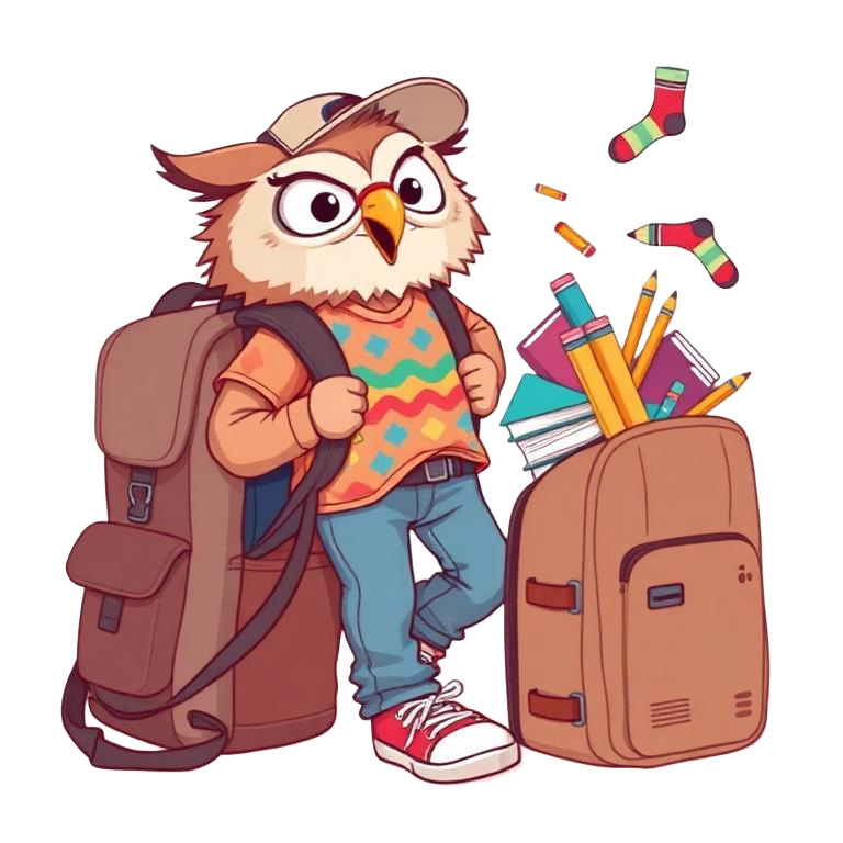 Smarty the owl mascot with a backpack full of books, pencils and school supplies